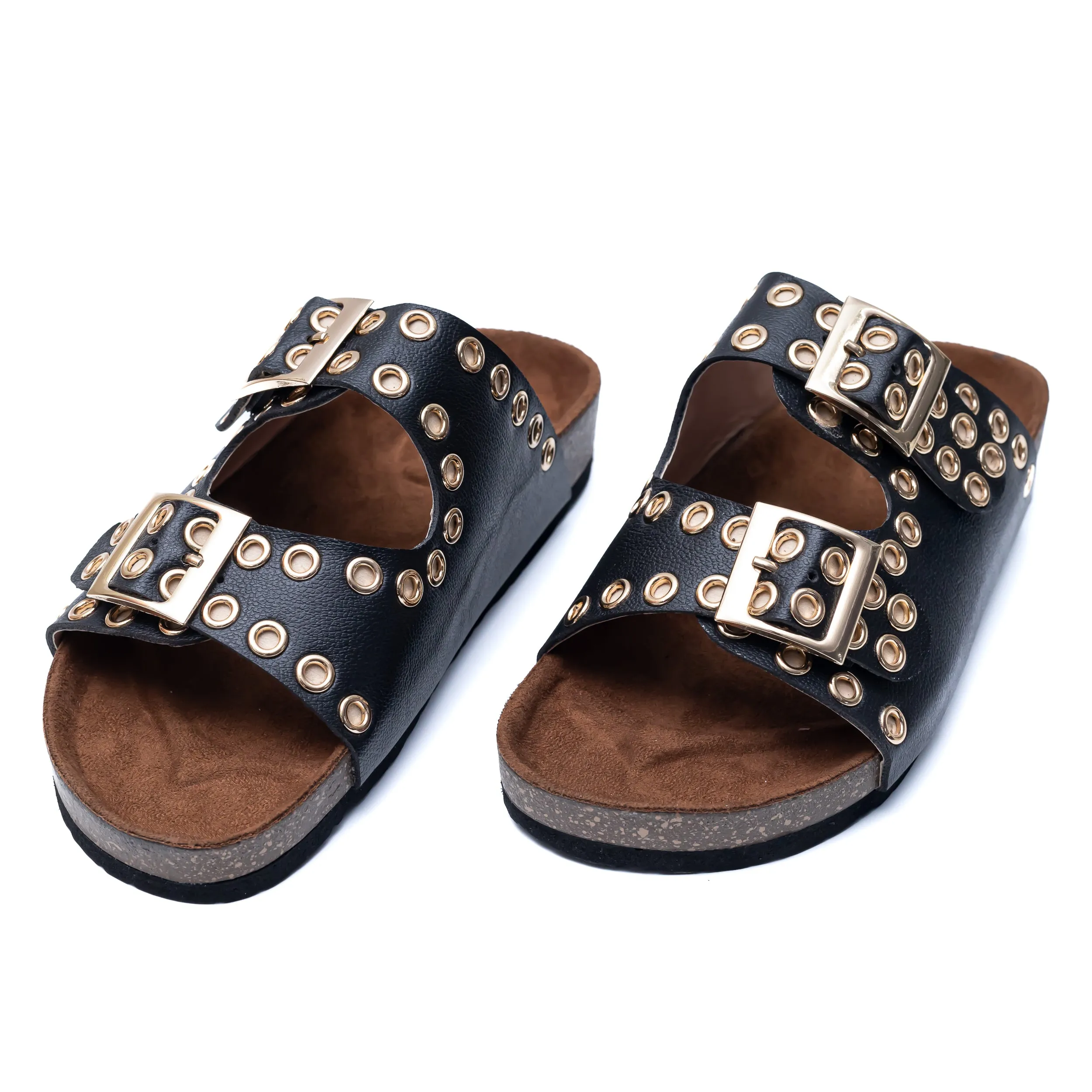 Studded Buckle Strap Sliders - Black