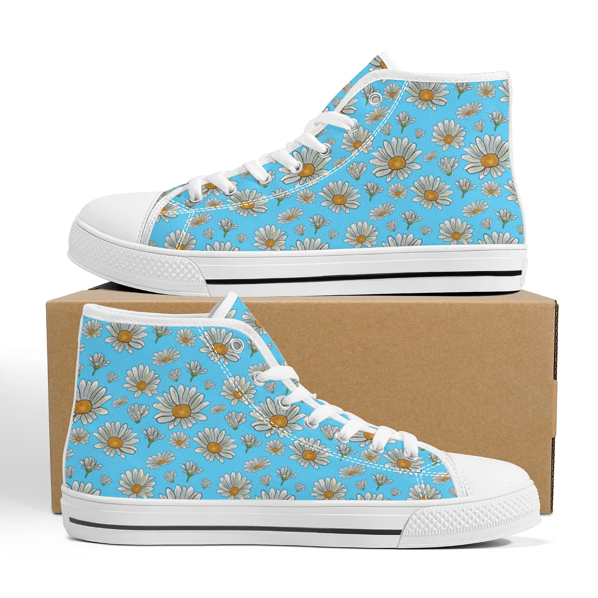 Summer Daisies on Light Blue Converse Style High Tops