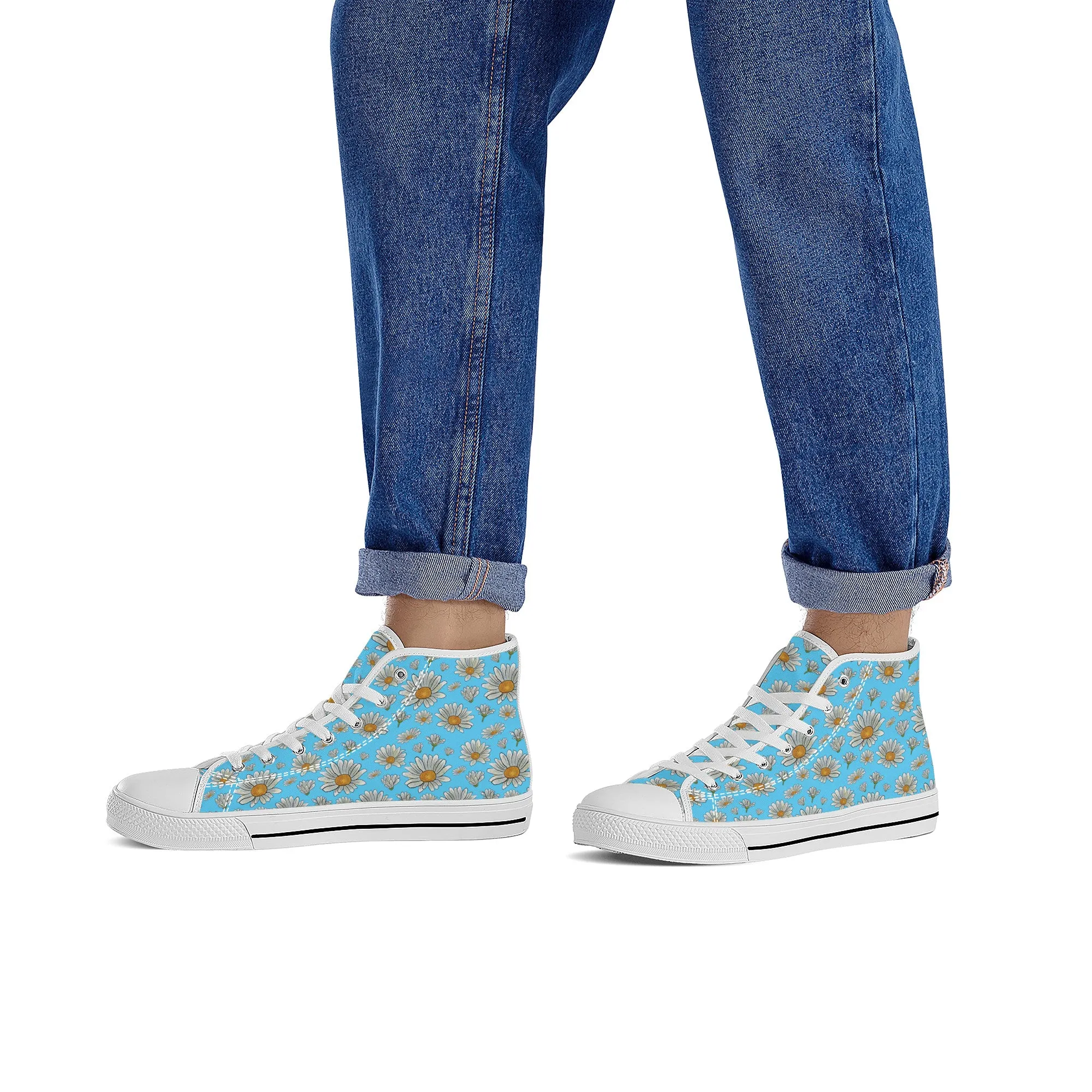 Summer Daisies on Light Blue Converse Style High Tops