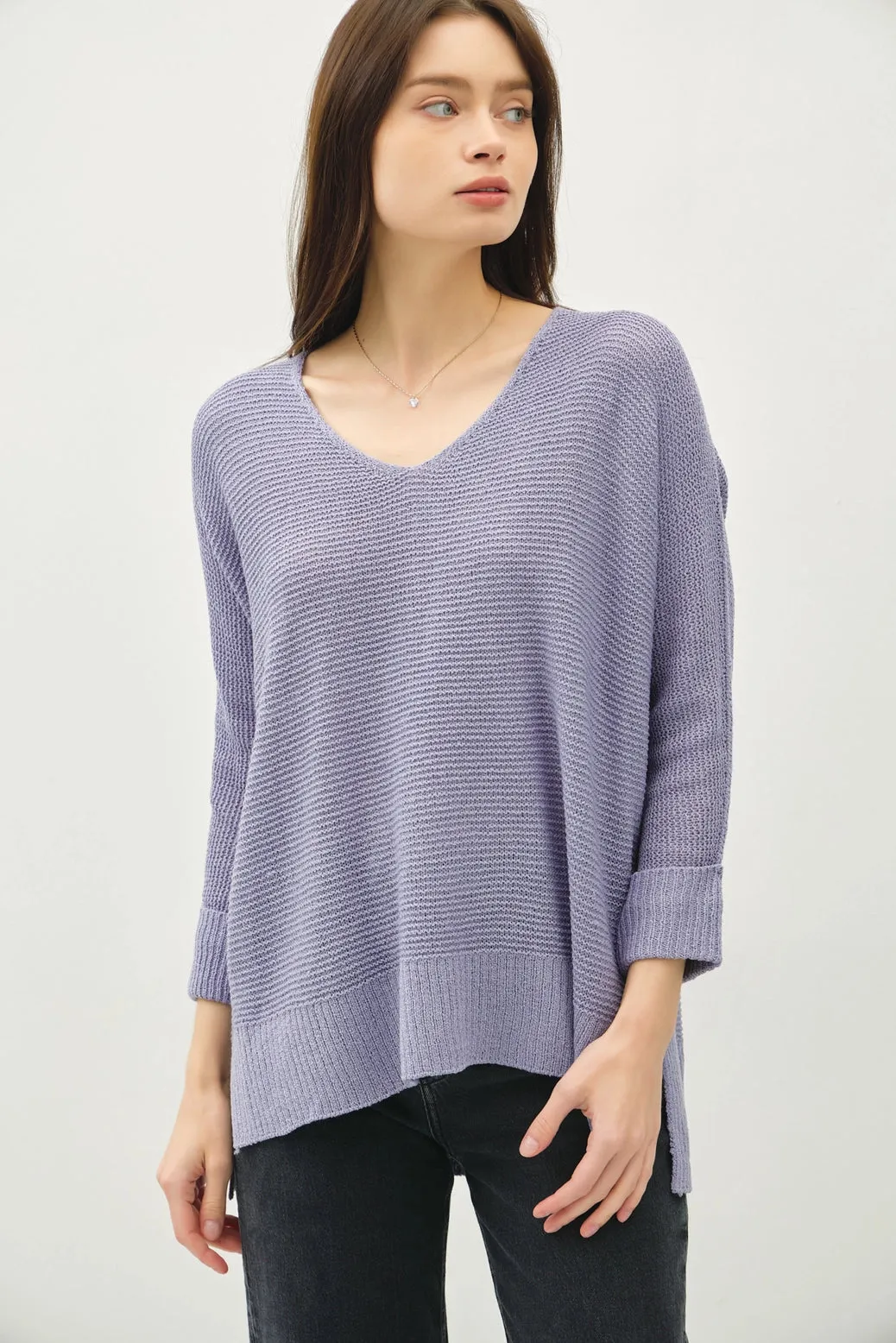 V-Neck Dolman Sleeve W. Roll Cuff Sweater Slate Blue