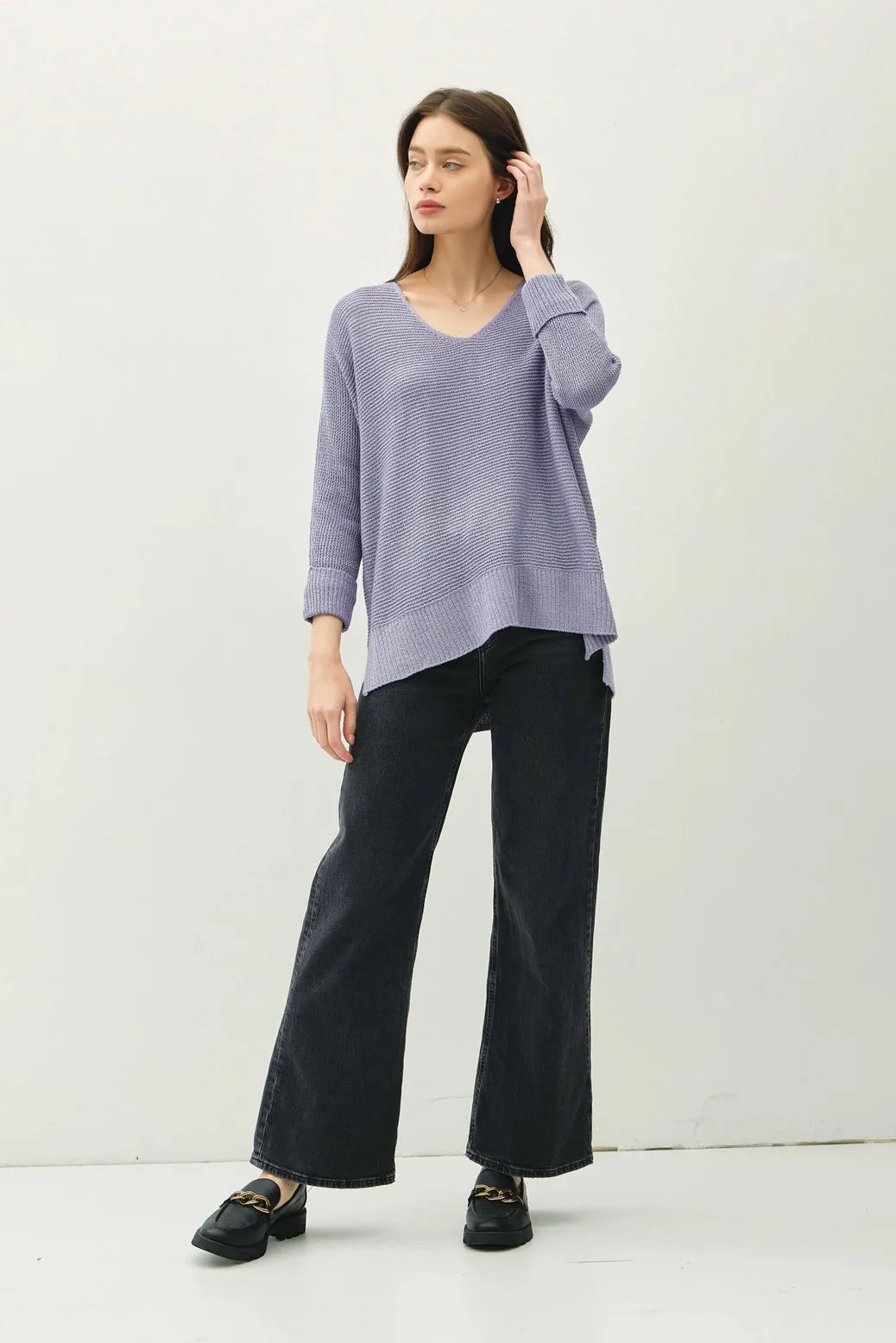 V-Neck Dolman Sleeve W. Roll Cuff Sweater Slate Blue