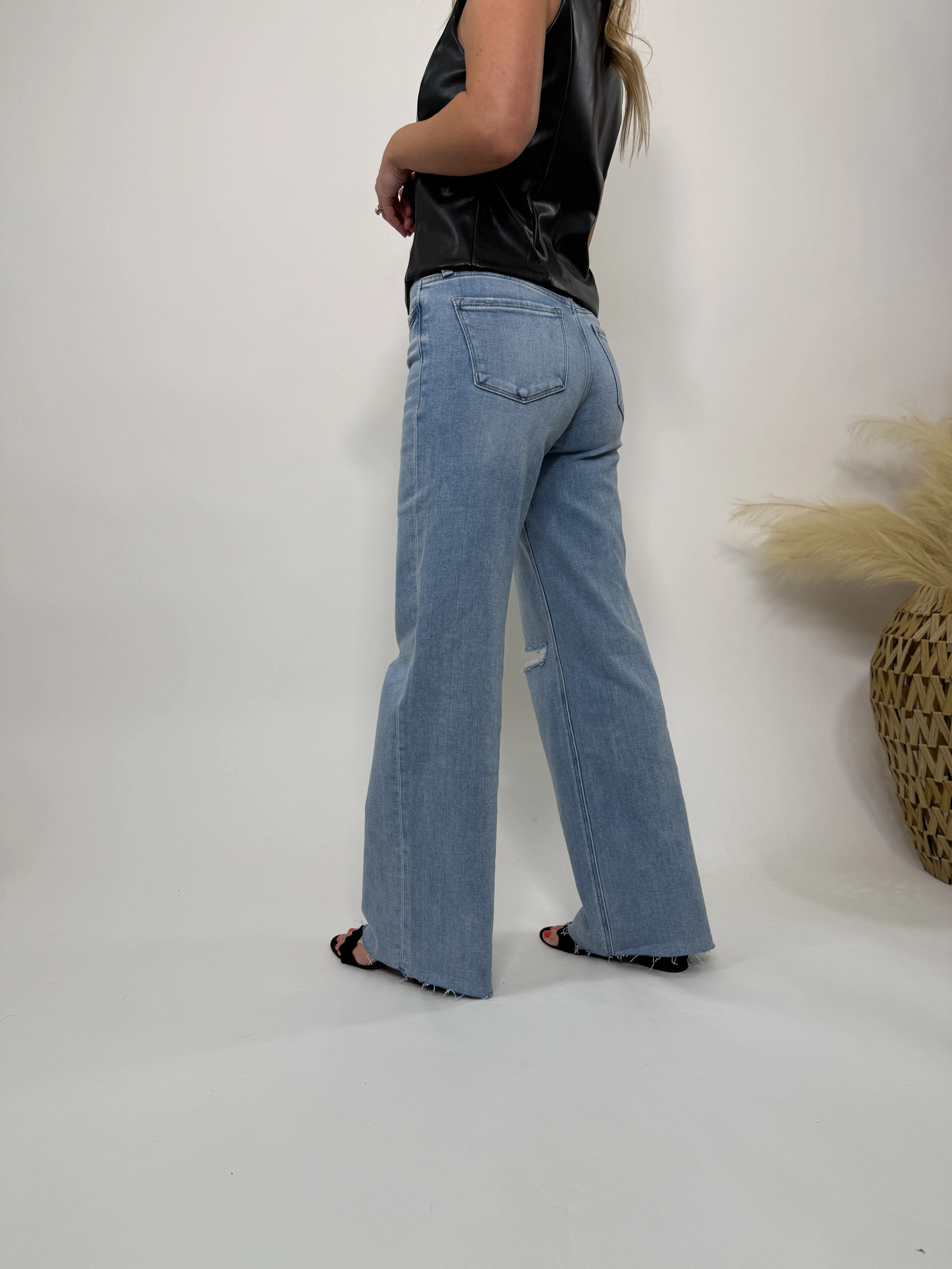 Wide Leg Comfort Stretch Distressed Jeans Love Talk by Flying Monkey