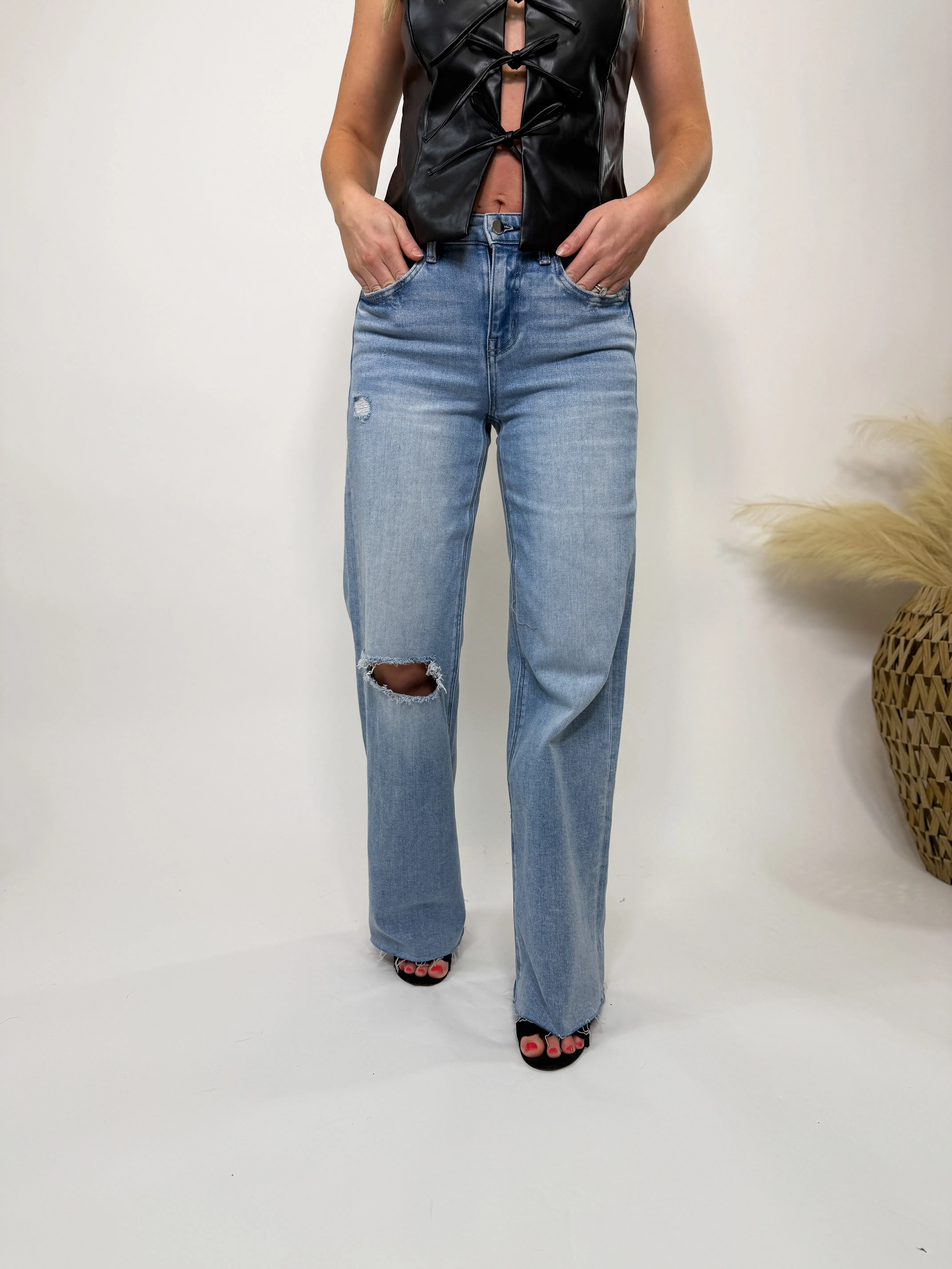 Wide Leg Comfort Stretch Distressed Jeans Love Talk by Flying Monkey