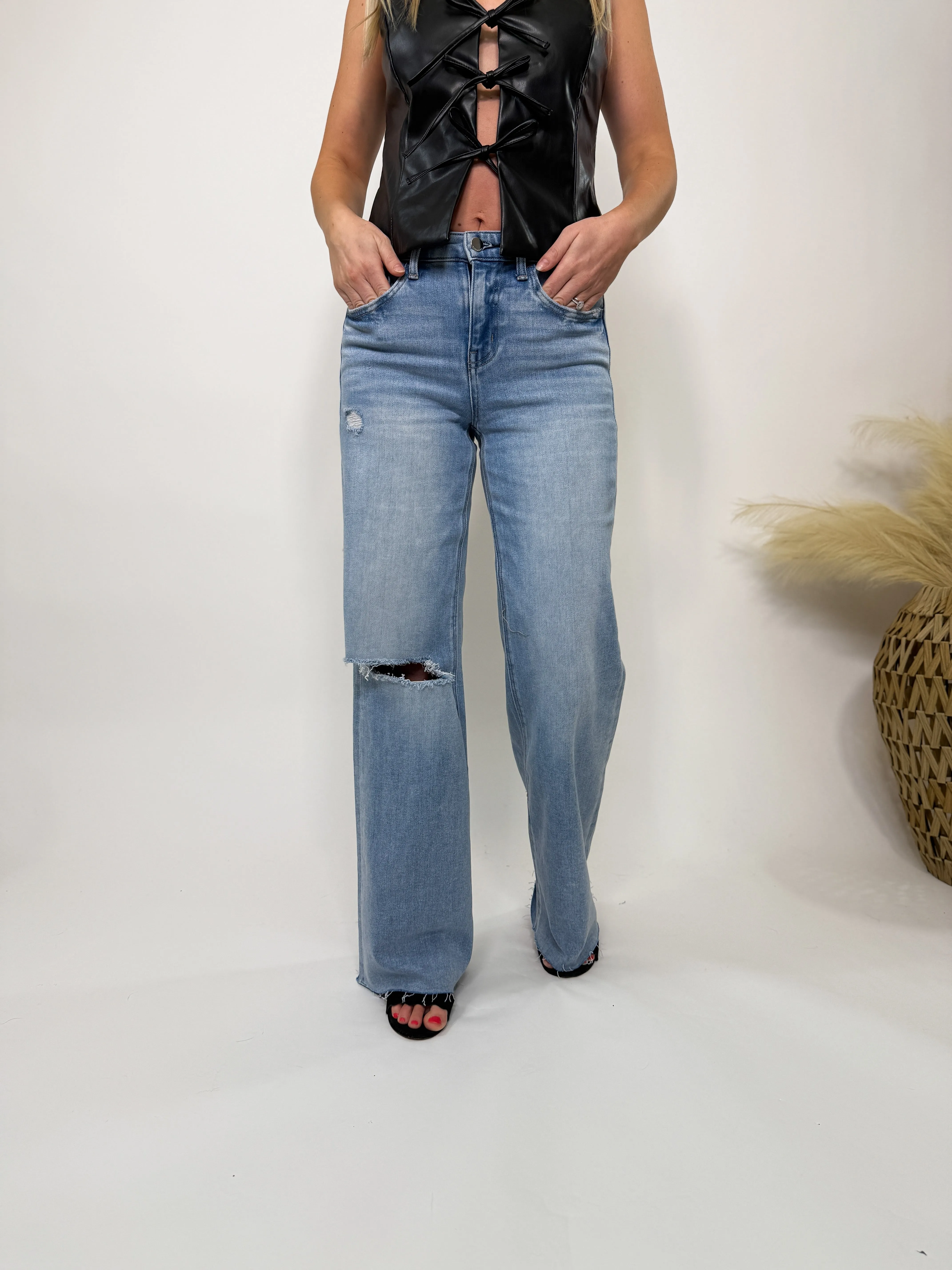 Wide Leg Comfort Stretch Distressed Jeans Love Talk by Flying Monkey