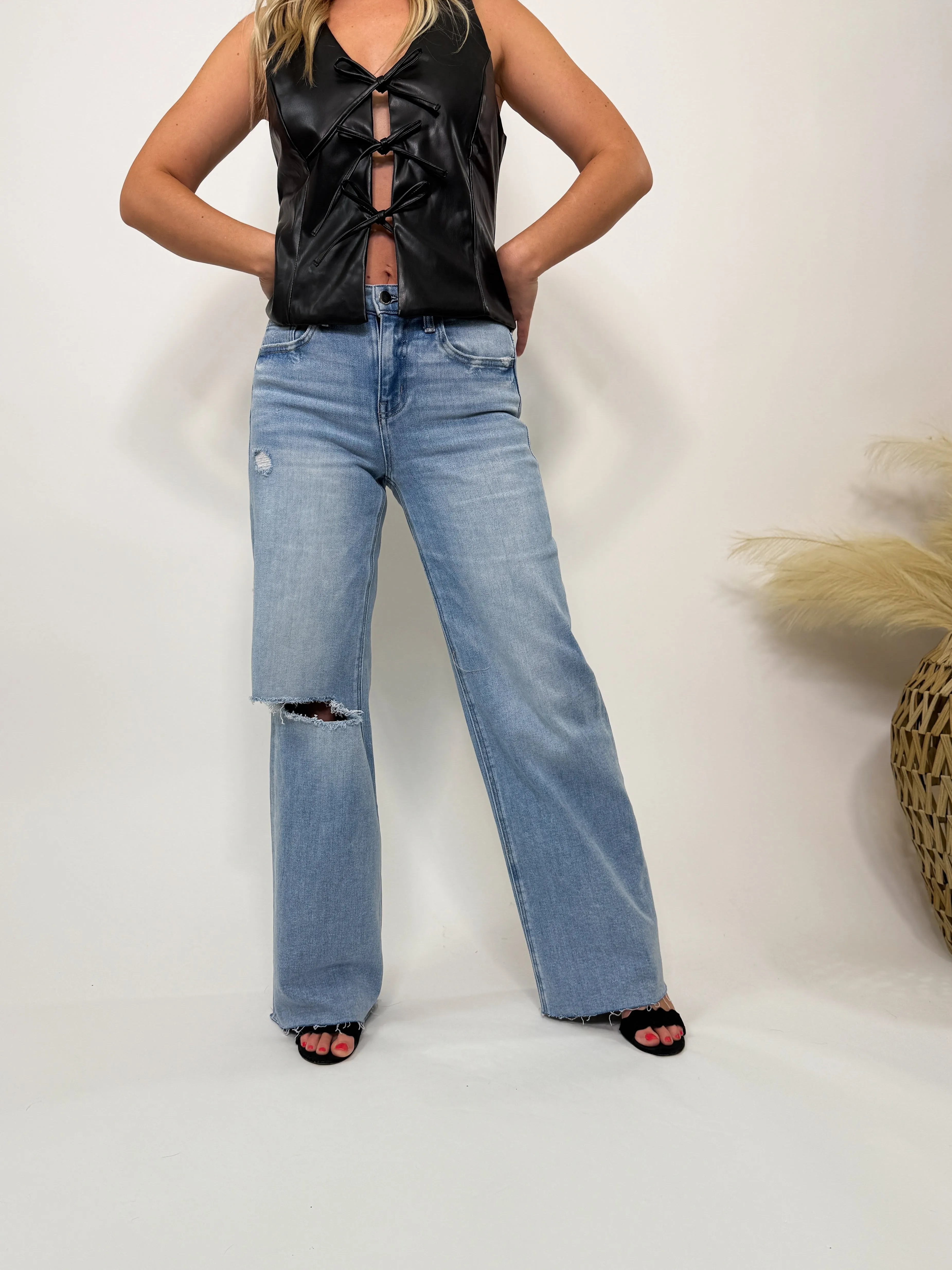 Wide Leg Comfort Stretch Distressed Jeans Love Talk by Flying Monkey