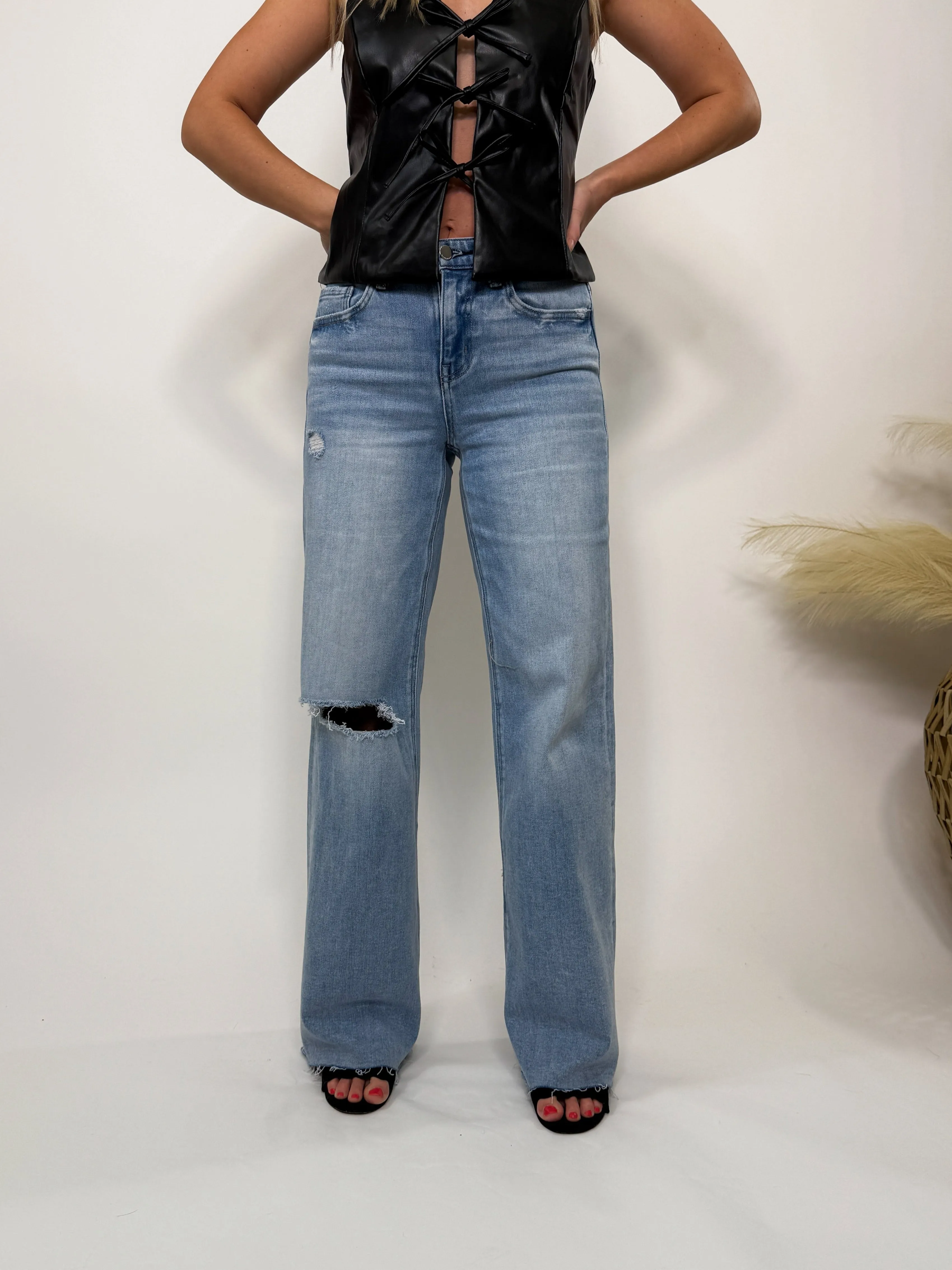 Wide Leg Comfort Stretch Distressed Jeans Love Talk by Flying Monkey