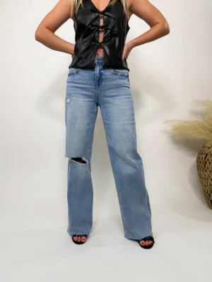 Wide Leg Comfort Stretch Distressed Jeans Love Talk by Flying Monkey