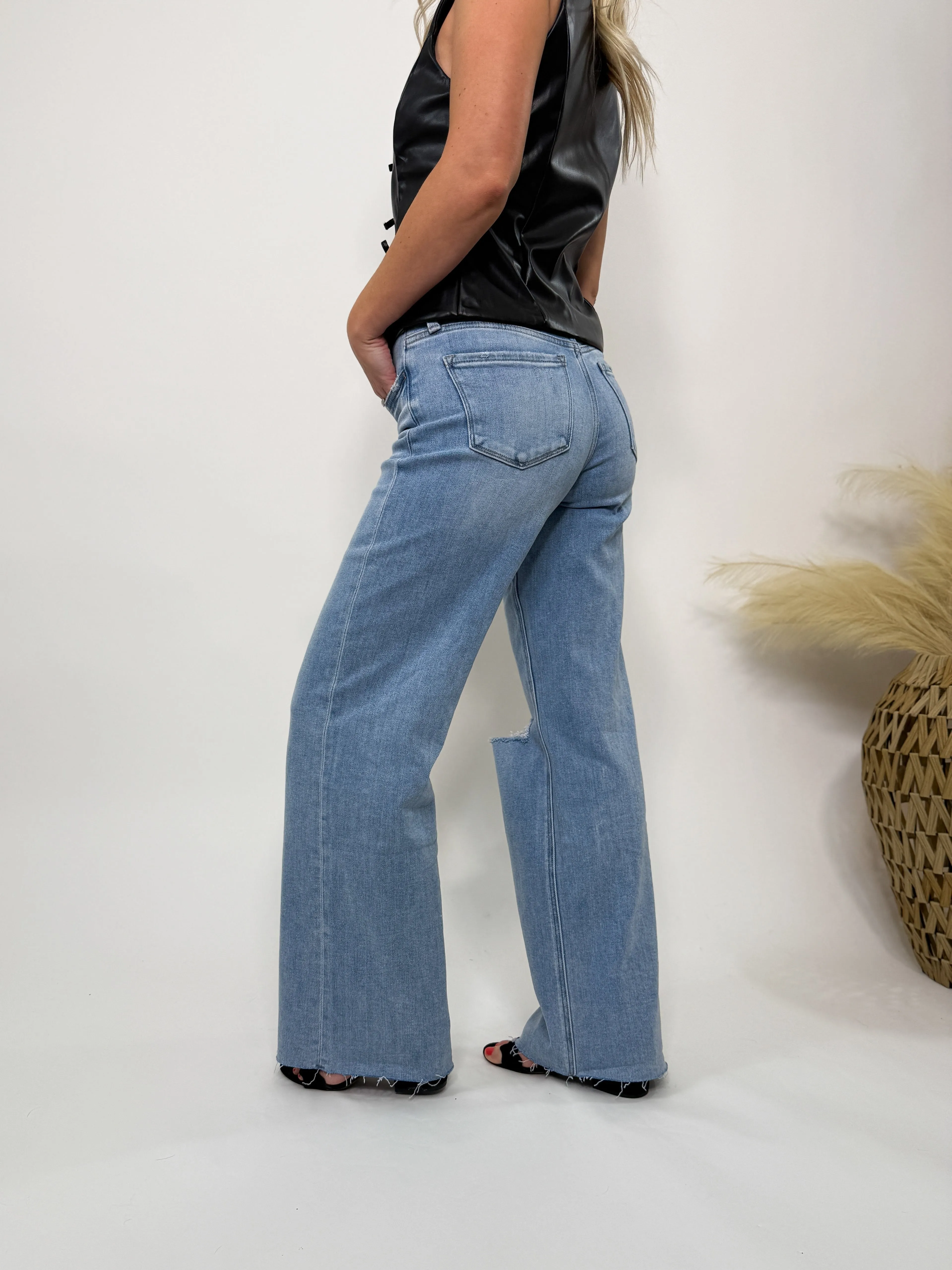 Wide Leg Comfort Stretch Distressed Jeans Love Talk by Flying Monkey