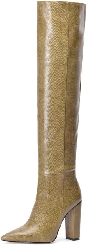 Women Block Heel Pointed Toe Dress Boots Knee High Vegan Leather Shoes Thigh High Chunky Heel Boot