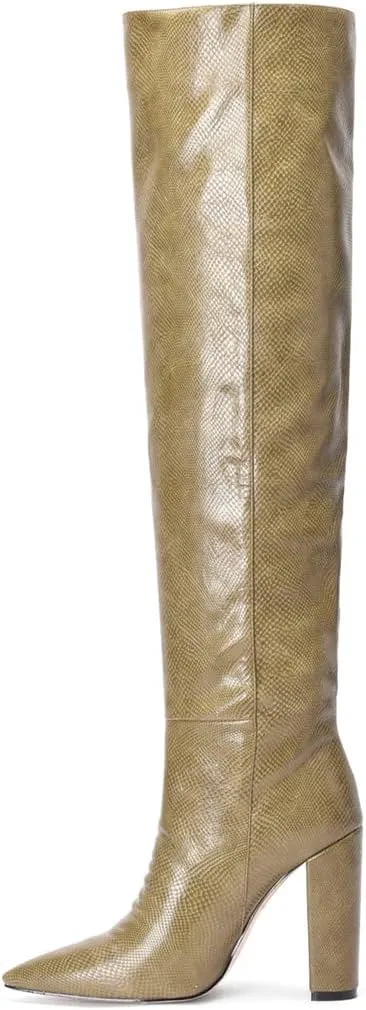 Women Block Heel Pointed Toe Dress Boots Knee High Vegan Leather Shoes Thigh High Chunky Heel Boot