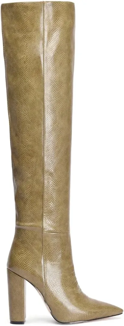 Women Block Heel Pointed Toe Dress Boots Knee High Vegan Leather Shoes Thigh High Chunky Heel Boot