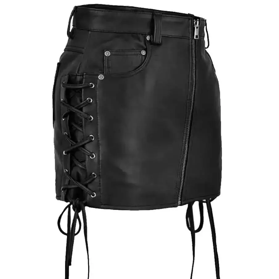 Women's Black Leather Skirt – Side Lace-Up Stylish Mini Skirt