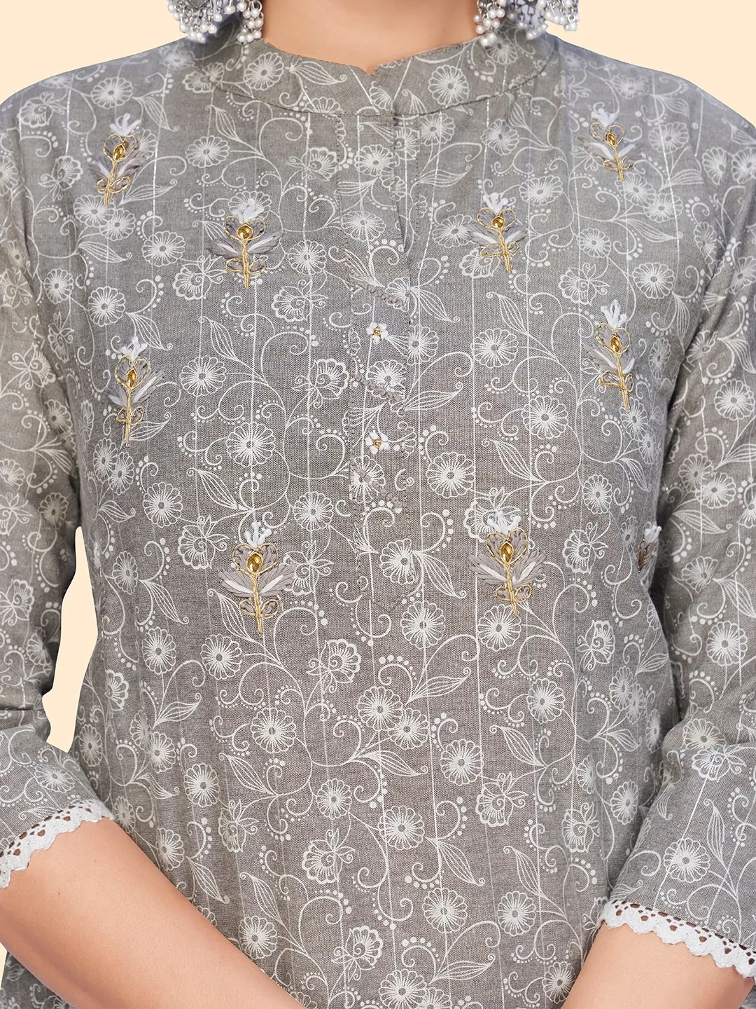 Women'S Print & Embroidered Straight Cotton Grey Stitched Kurta Pant With Dupatta
