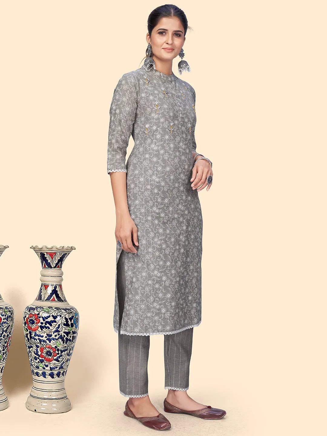 Women'S Print & Embroidered Straight Cotton Grey Stitched Kurta Pant With Dupatta