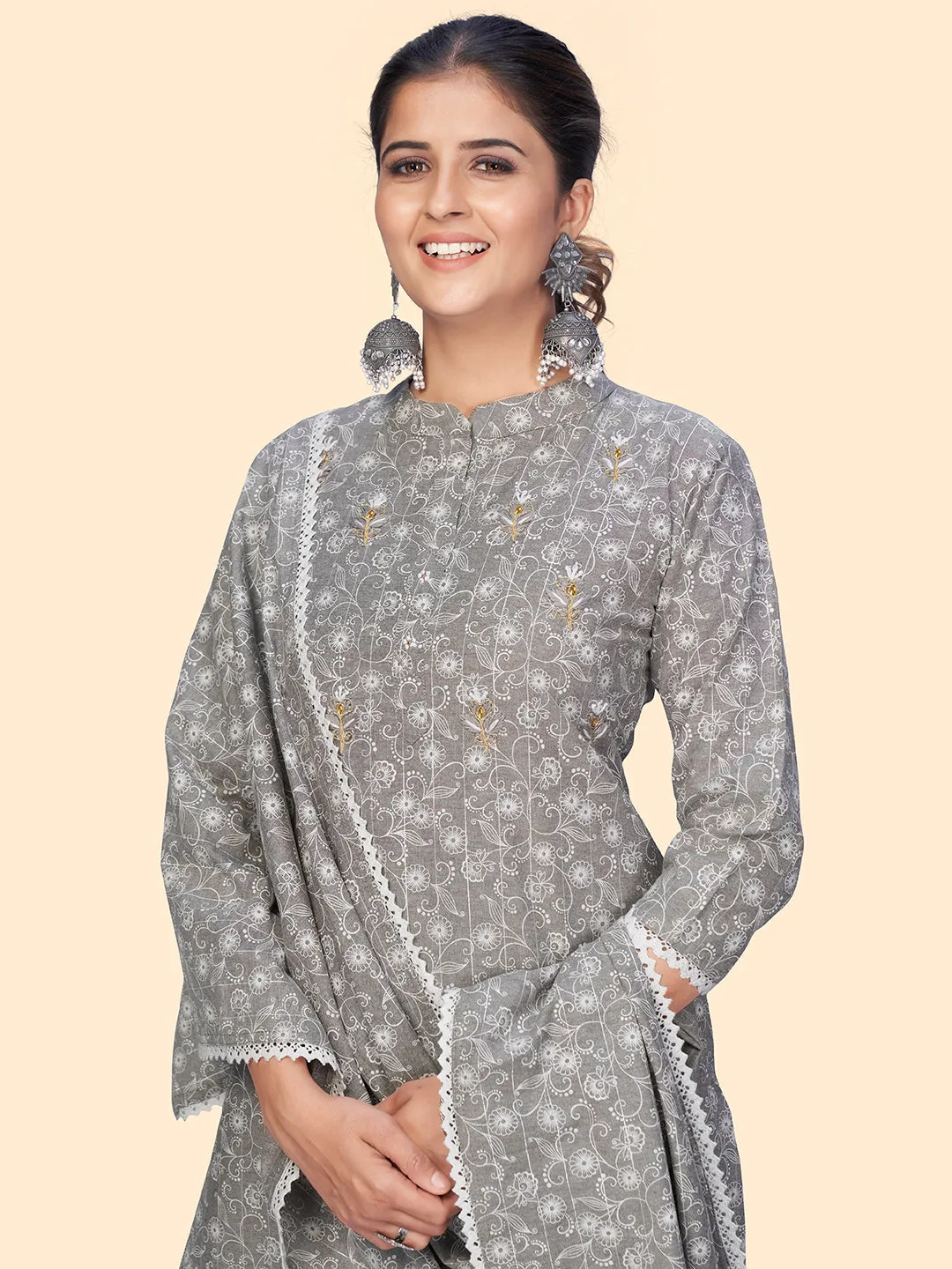 Women'S Print & Embroidered Straight Cotton Grey Stitched Kurta Pant With Dupatta