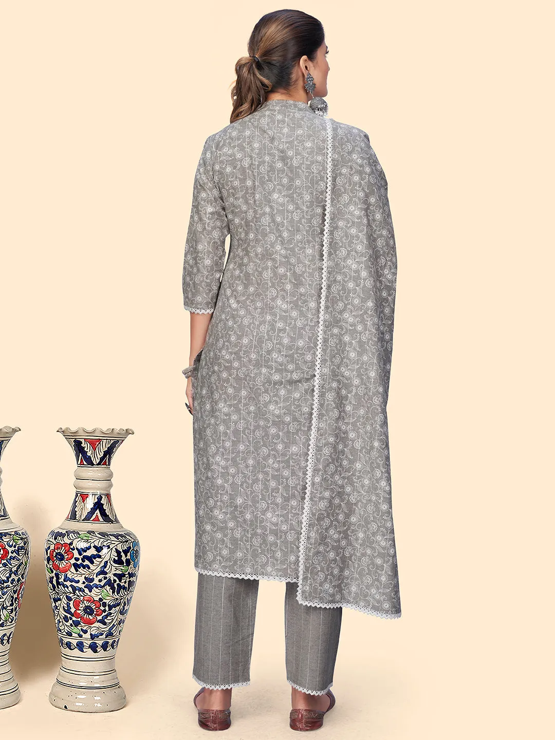 Women'S Print & Embroidered Straight Cotton Grey Stitched Kurta Pant With Dupatta