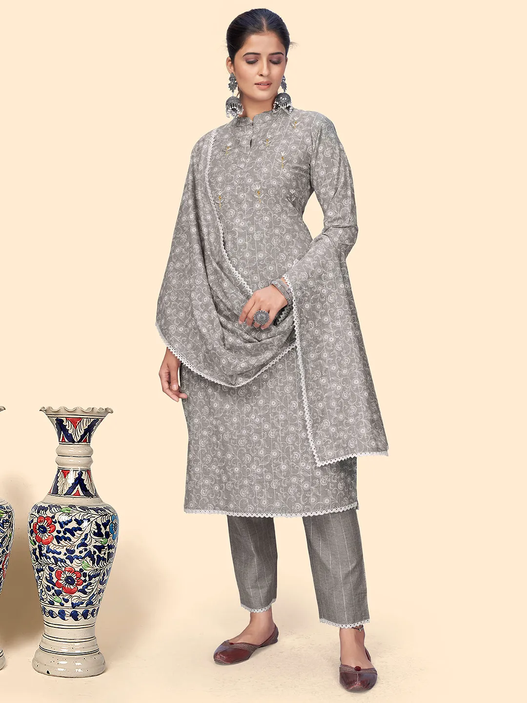 Women'S Print & Embroidered Straight Cotton Grey Stitched Kurta Pant With Dupatta