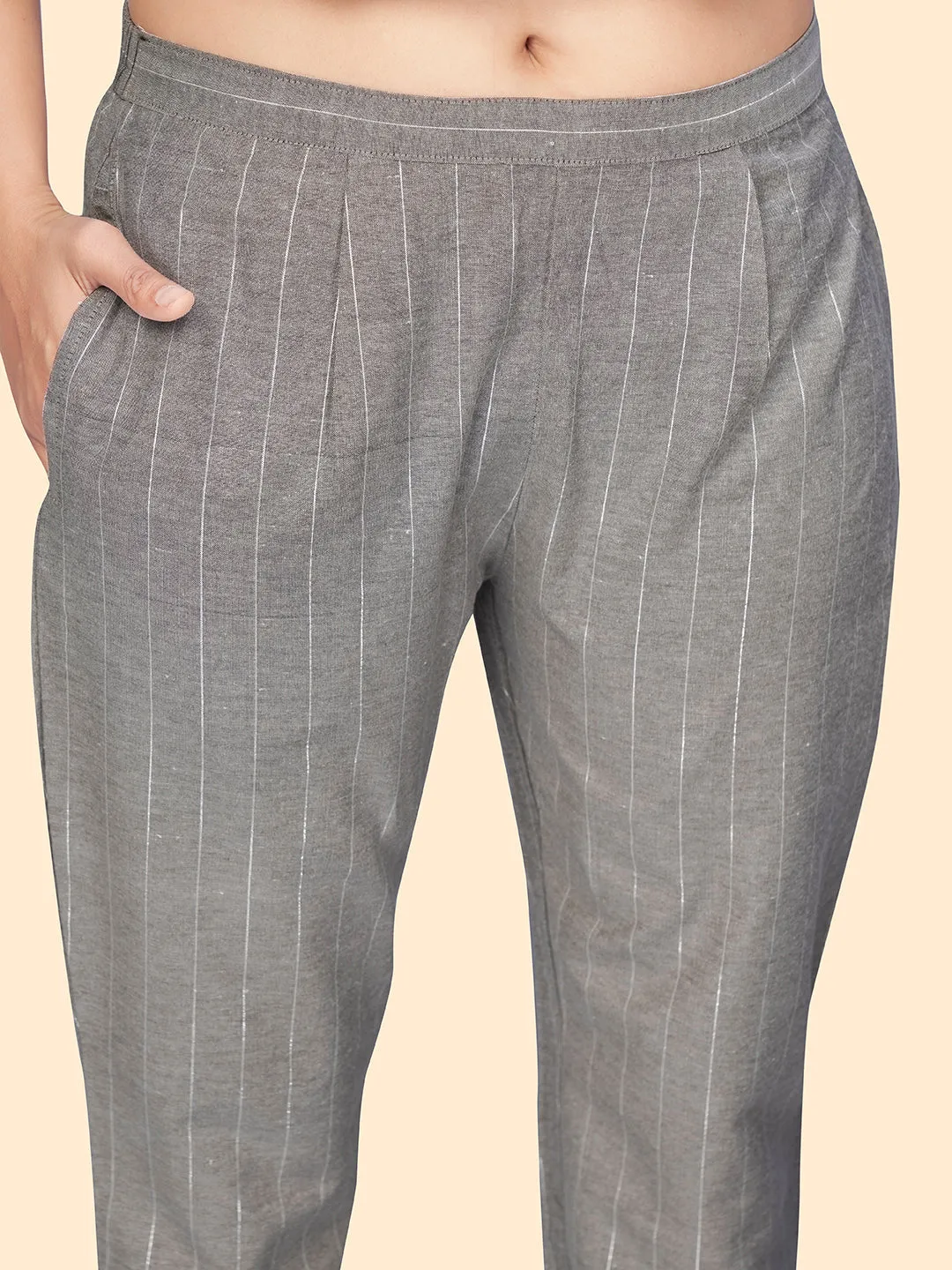 Women'S Print & Embroidered Straight Cotton Grey Stitched Kurta Pant With Dupatta