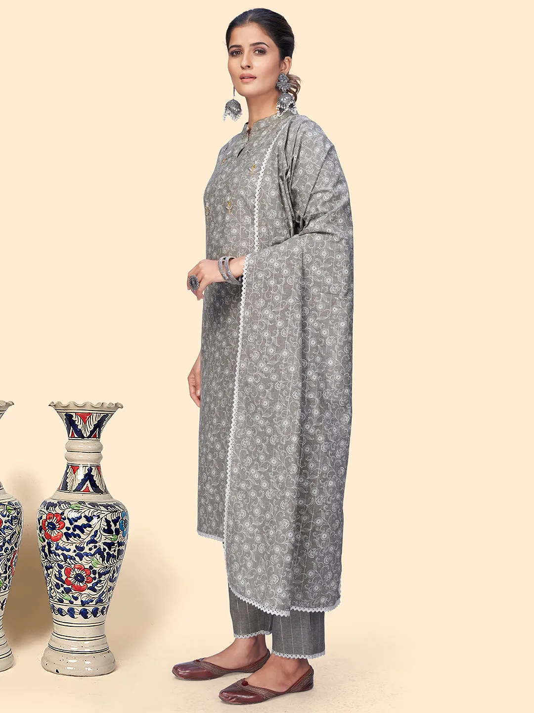 Women'S Print & Embroidered Straight Cotton Grey Stitched Kurta Pant With Dupatta