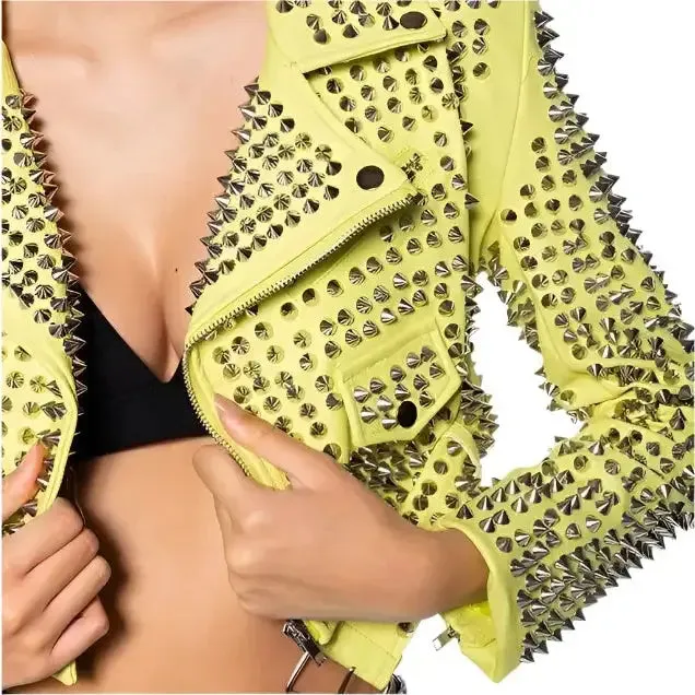 Women's Yellow Punk Brando Leather Biker Jacket – Studded & Stylish