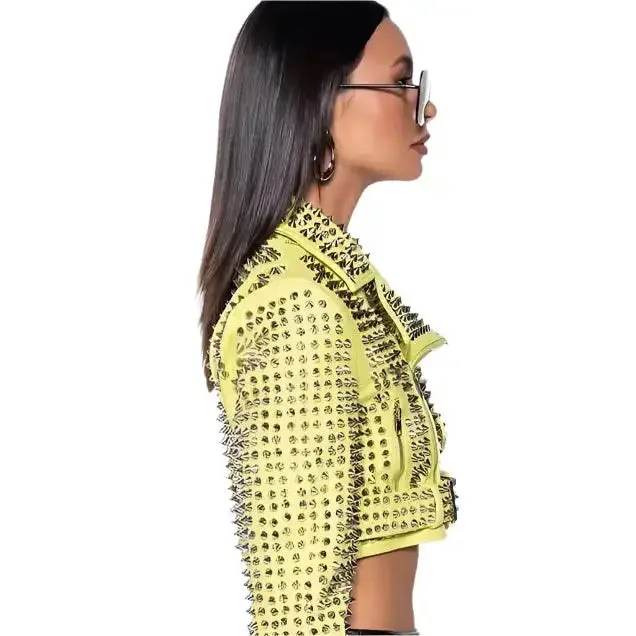 Women's Yellow Punk Brando Leather Biker Jacket – Studded & Stylish