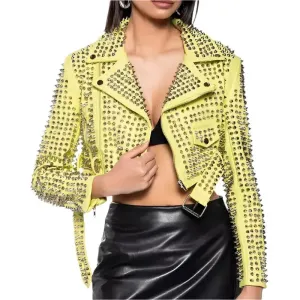 Women's Yellow Punk Brando Leather Biker Jacket – Studded & Stylish