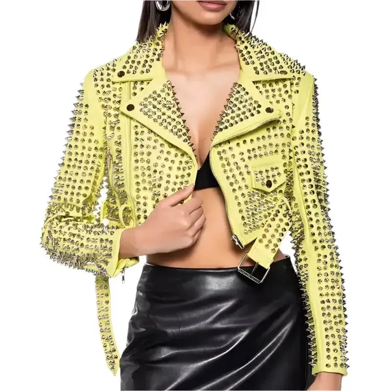 Women's Yellow Punk Brando Leather Biker Jacket – Studded & Stylish