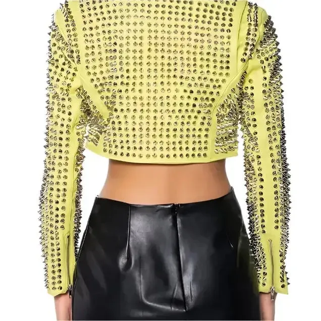 Women's Yellow Punk Brando Leather Biker Jacket – Studded & Stylish