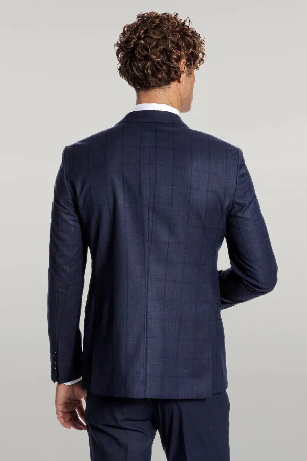 WSS Checked Vested Slim Fit Navy Blue Men Suit  - Singen