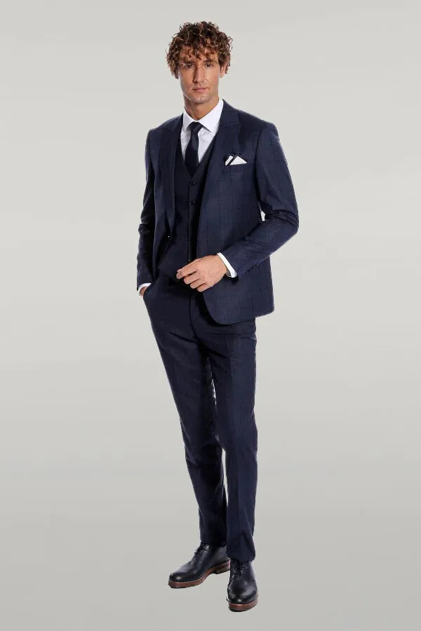 WSS Checked Vested Slim Fit Navy Blue Men Suit  - Singen