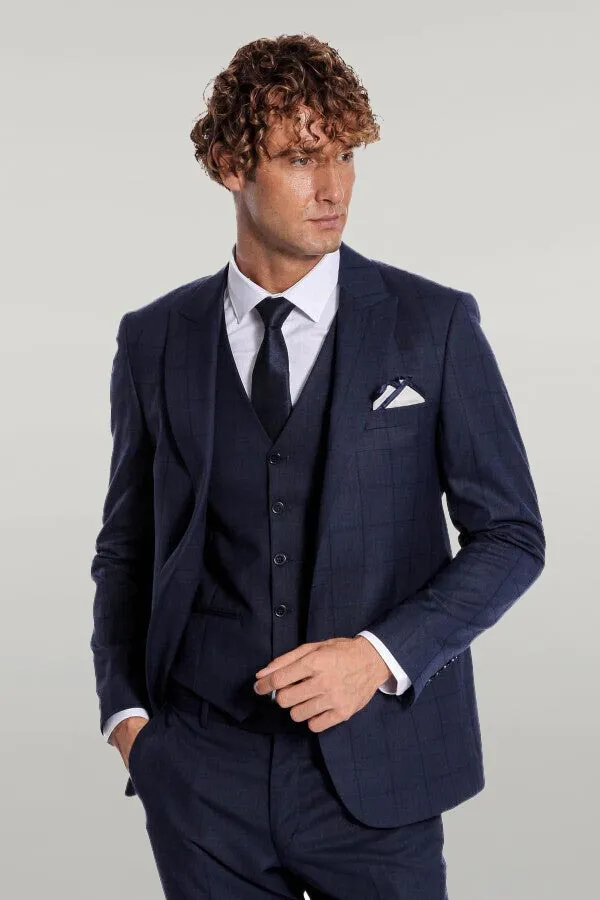 WSS Checked Vested Slim Fit Navy Blue Men Suit  - Singen