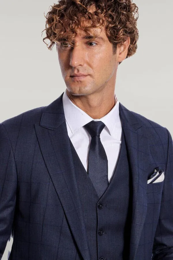 WSS Checked Vested Slim Fit Navy Blue Men Suit  - Singen