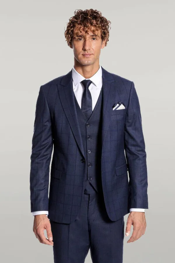 WSS Checked Vested Slim Fit Navy Blue Men Suit  - Singen