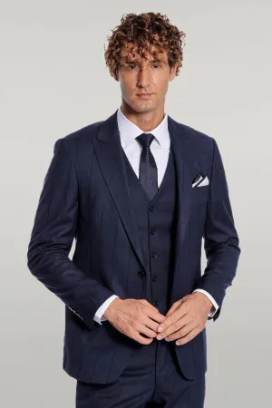 WSS Checked Vested Slim Fit Navy Blue Men Suit  - Singen