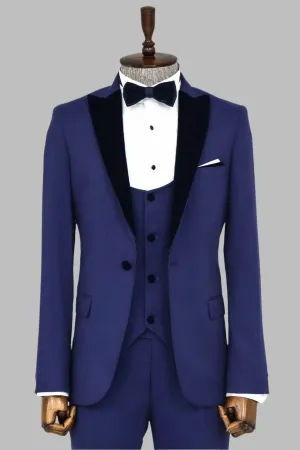 WSS Velvet Lapel Slim Fit Blue Men Suit  - Singen